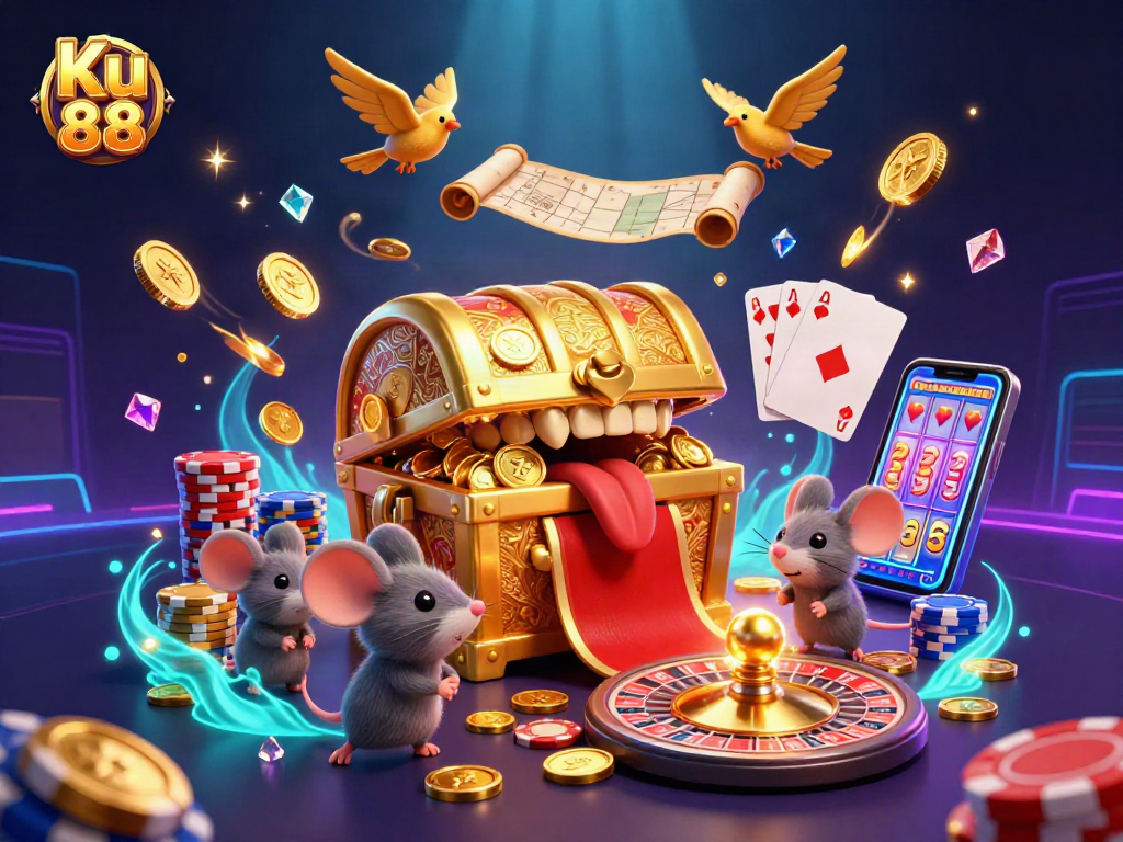 Discover exciting betting opportunities with Ku 88 in a vibrant casino-themed digital illustration.