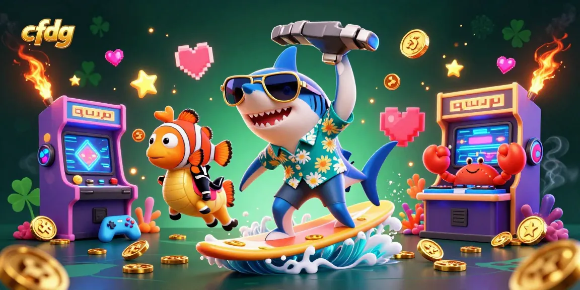 Engage with cfdg's thrilling fish shooting game featuring a shark surfing on gold coins and a crab DJ.