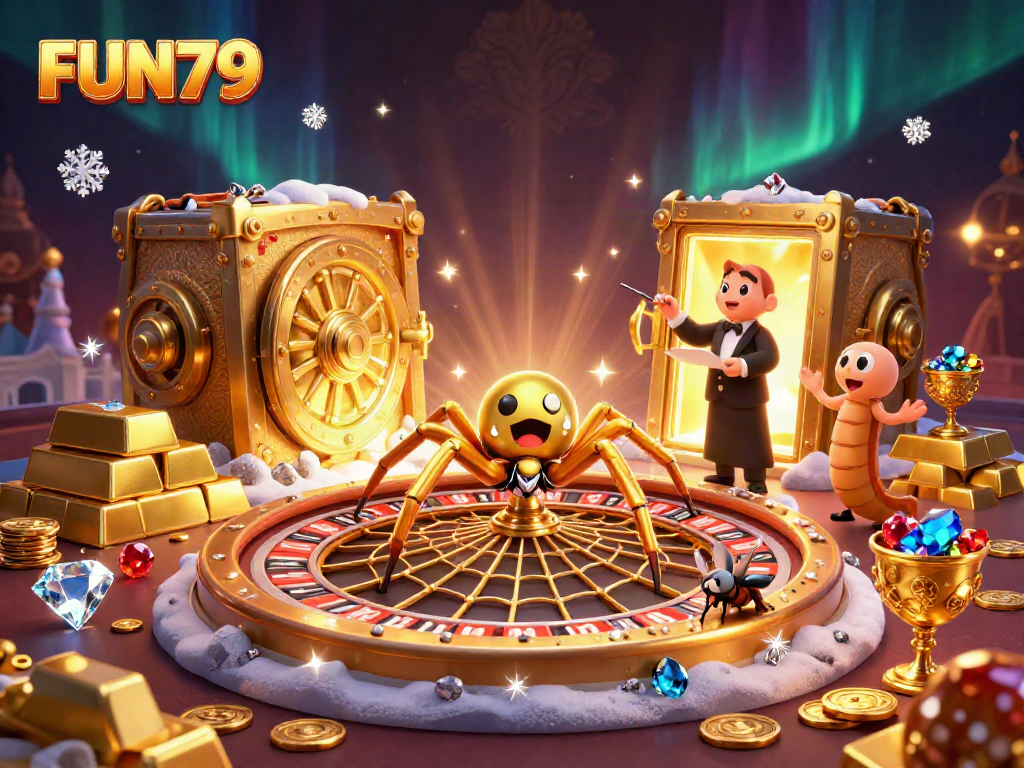 Experience the excitement of FUN79 as a golden spider spins a roulette wheel web surrounded by treasures.