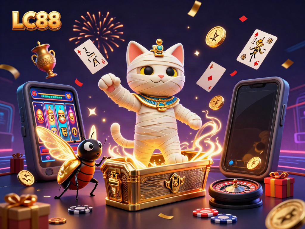 Engage with LC88 by winning big in a vibrant casino scene featuring a mummy cat and a scarab beetle.