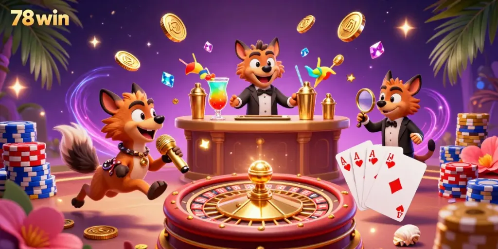 Experience the lively comedy casino club of 78 win with energetic hyenas, sparkling gems, and a dynamic atmosphere.