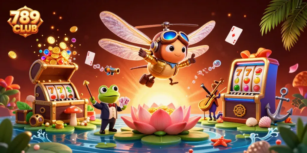 Engage with 789CLUB's vibrant casino adventure featuring a dragonfly pilot, frog croupier, and jazz-playing crickets.
