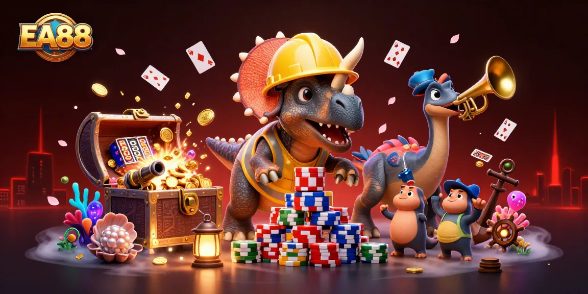 EA88 introduces fun with a 3D triceratops building poker chips amidst casino excitement.