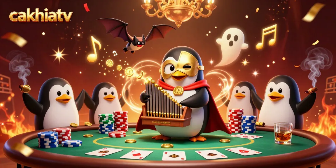 Experience thrilling gameplay on cakhiatv with a dynamic scene featuring a cartoon phantom opera penguin and poker elements.