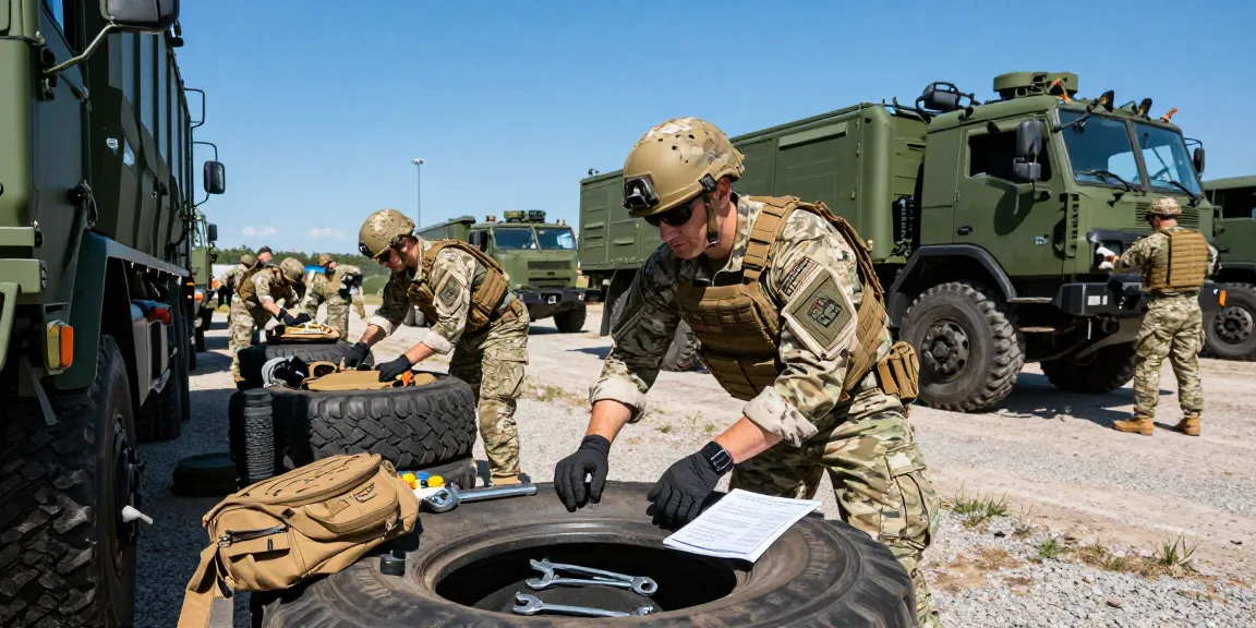 Soldiers in tactical gear at 88m.lifestyle inspecting military vehicles in a dynamic training environment.