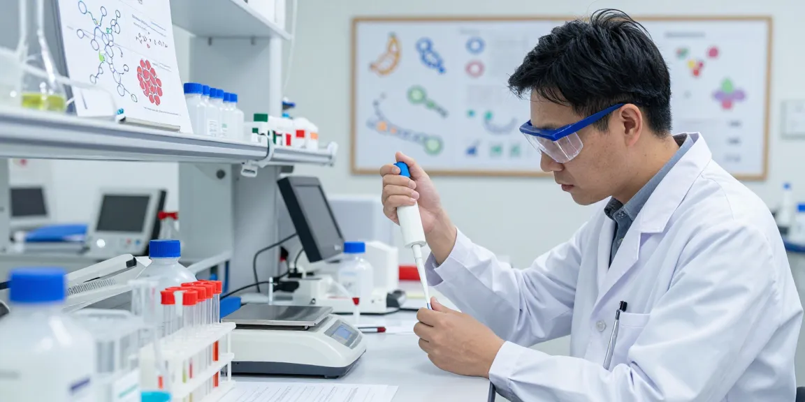 Scientist studying SwissChems Peptide samples in a state-of-the-art lab setting.