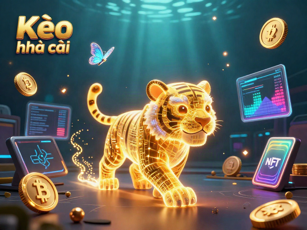 Kèo nhà cái scene showcasing a golden tiger and holographic elements in a digital casino atmosphere.