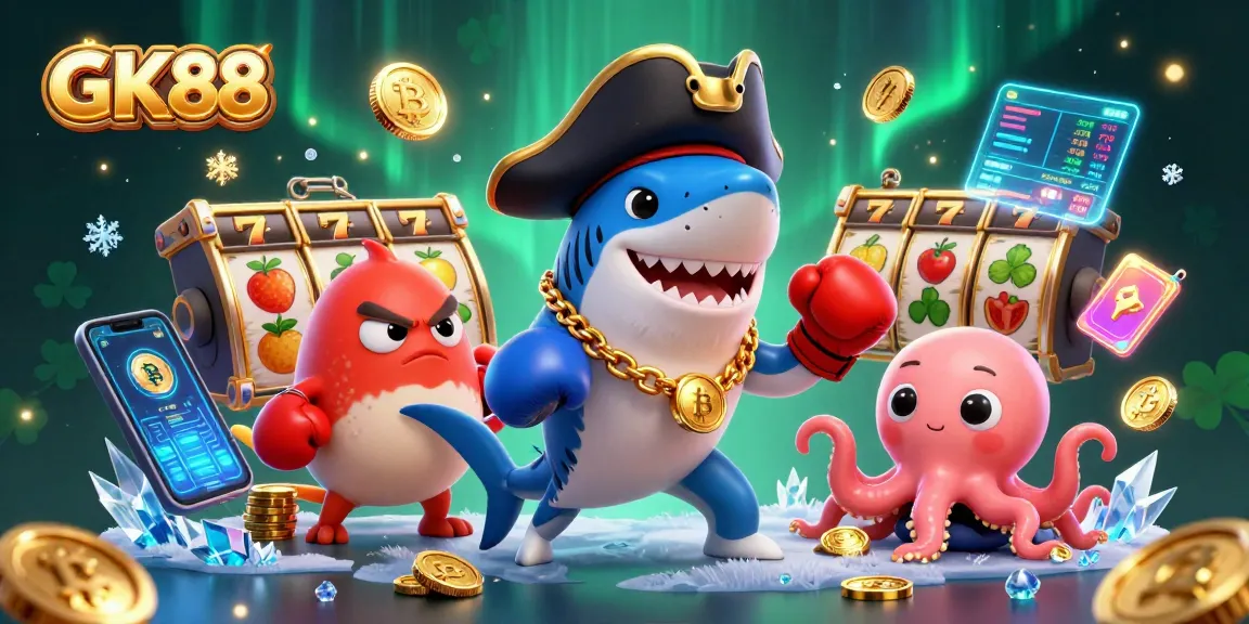 Engage with GK88 in this lively casino-themed illustration featuring a pirate shark and gold coins.
