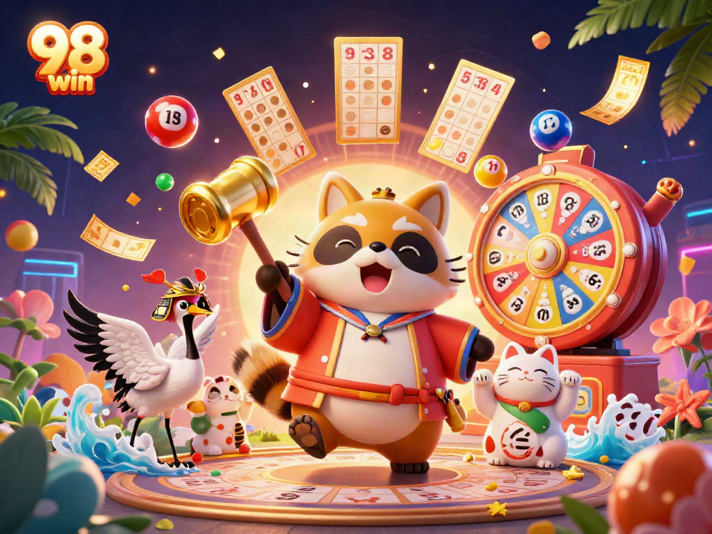 Engaging scene with 98 win featuring a cheerful tanuki, crane, and waving fortune cats amidst vibrant casino elements.