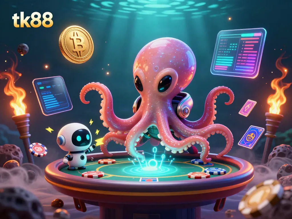 Engage with tk88, featuring an alien octopus at a dazzling poker table surrounded by cosmic elements.
