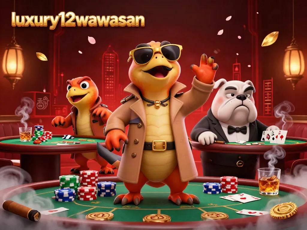 Experience the excitement at luxury12wawasan with layered poker action and playful characters in a vibrant casino scene.