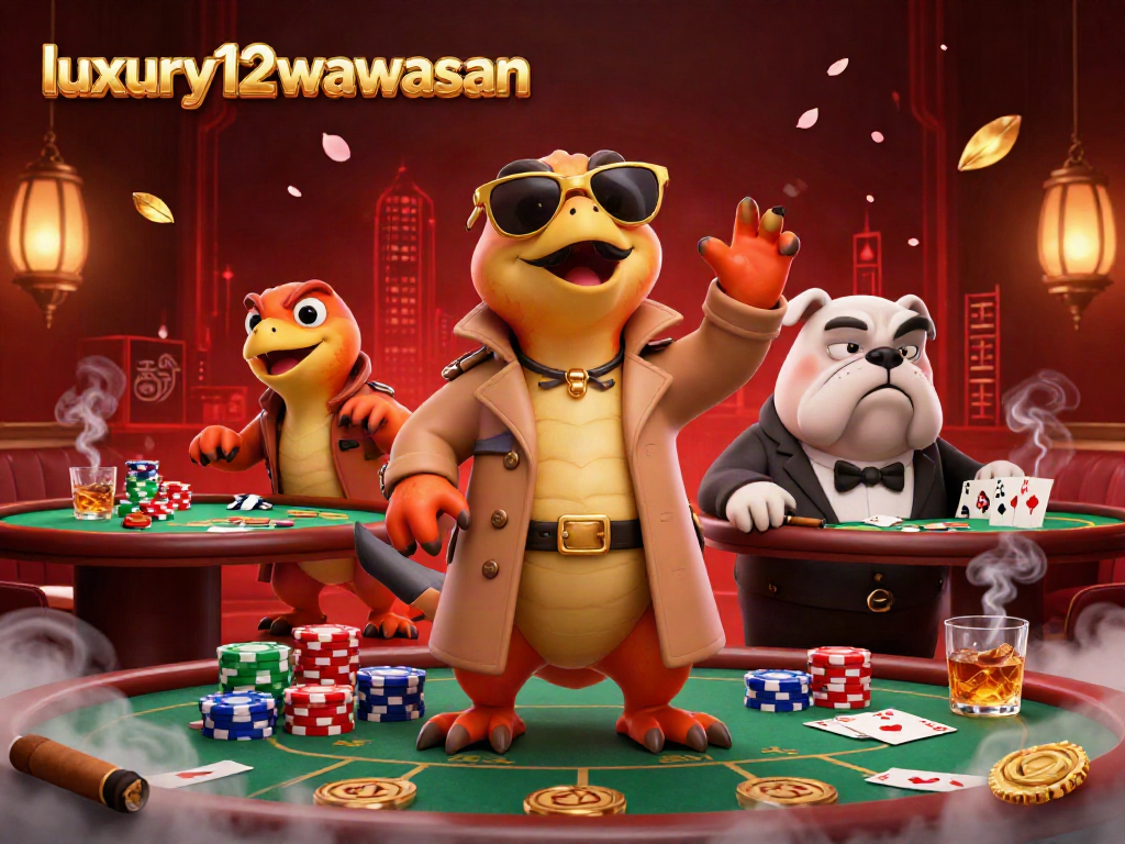 Experience the excitement at luxury12wawasan with layered poker action and playful characters in a vibrant casino scene.