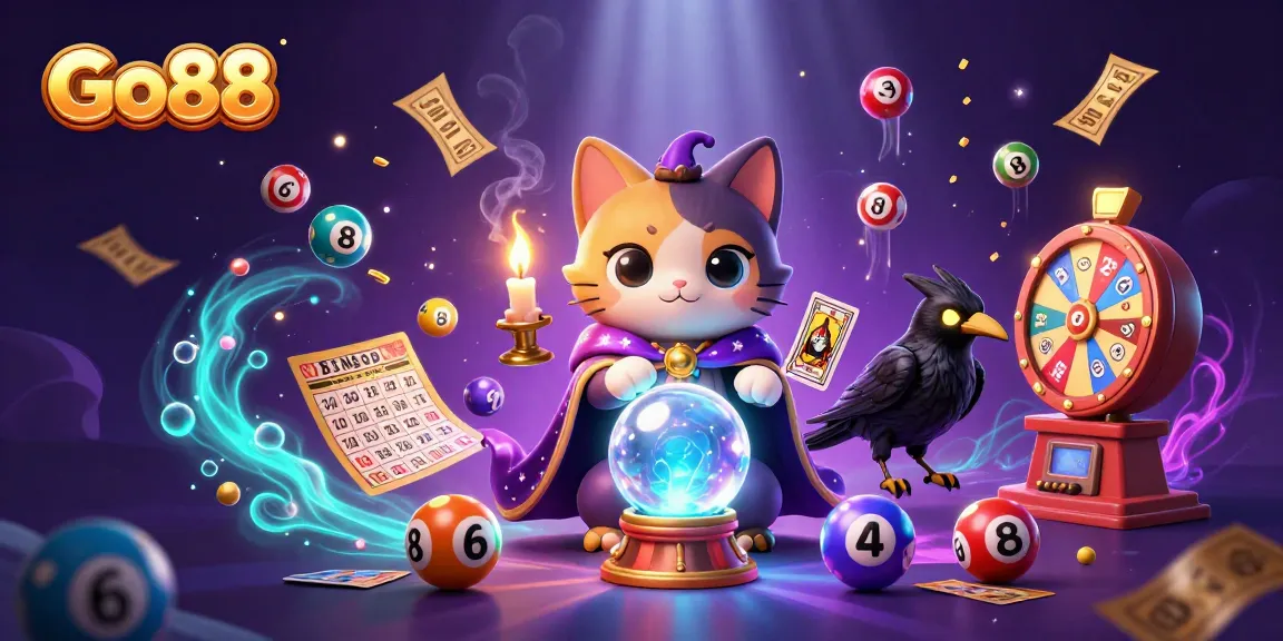 Engage with Go88's vibrant gaming universe through an illustration showcasing thrilling lottery elements and mystical characters.