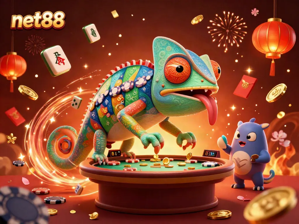 Experience the excitement of net88 with a vibrant 3D chameleon casino owner amid festive gaming elements.