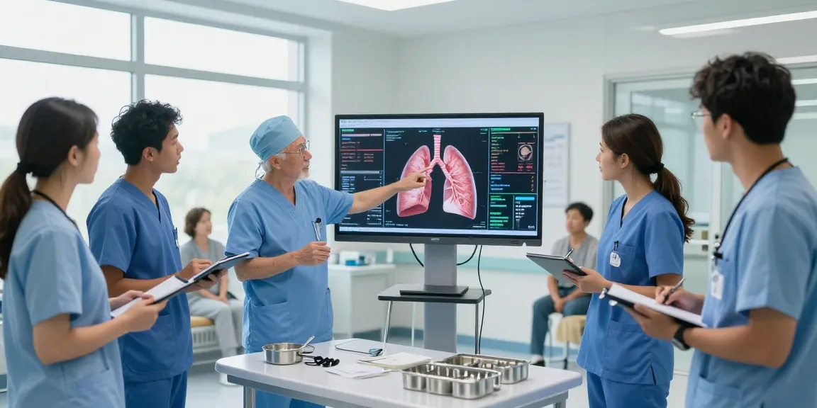 Lung transplant UAE consultation with a diverse medical team in a bright hospital setting, showcasing collaboration and advanced procedures.