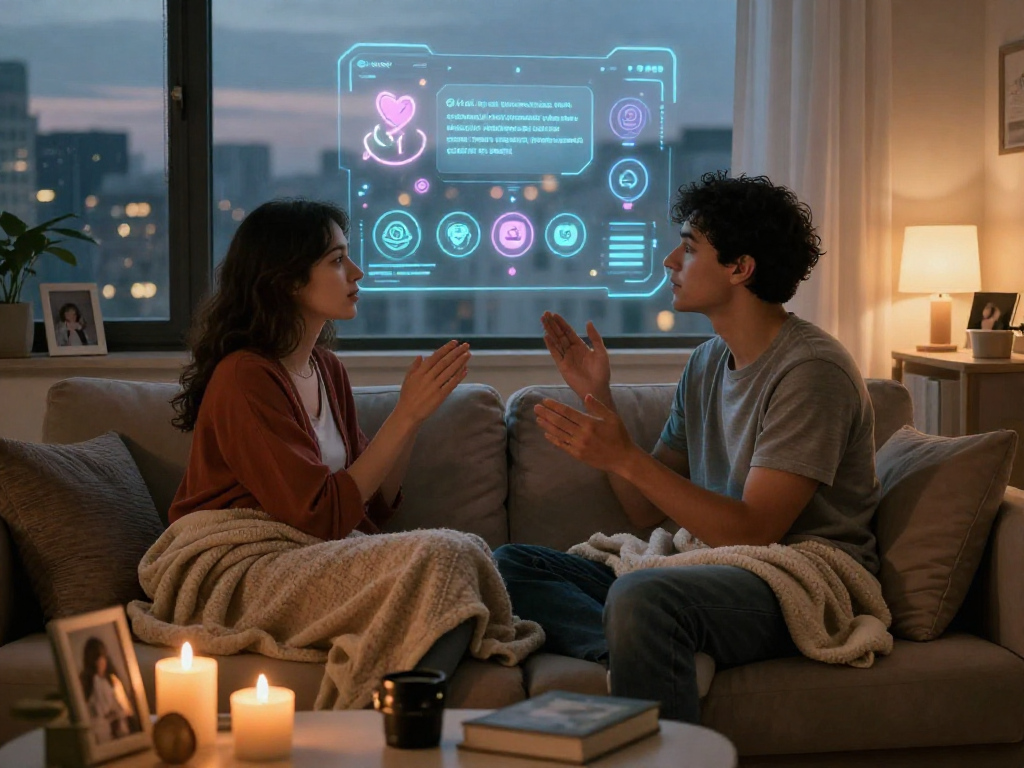 Couple enjoying intimate conversation with sex ai app interface projected, warm cozy ambiance.