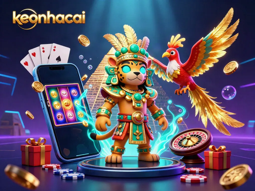 Engage with keonhacai's vibrant online casino scene featuring a Mayan priest and dynamic game elements