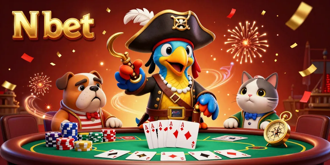 N bet features a lively pirate-themed gambling scene with poker action and vibrant characters.