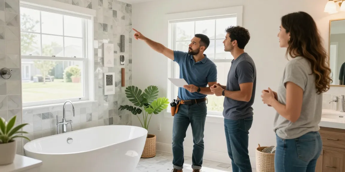 Bathroom Remodeling San Jose - professional contractor discusses design with homeowner in bright renovated bath space.