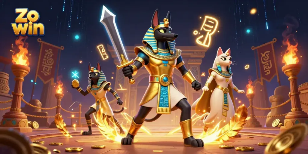 Engage in thrilling gameplay at Zo win with Egyptian warriors amidst vibrant casino elements.
