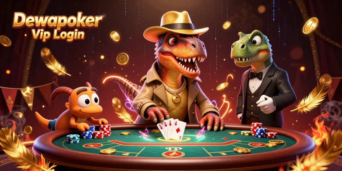 Dewapoker Vip Login features a velociraptor at a poker table, attracting attention in a lively casino scene.