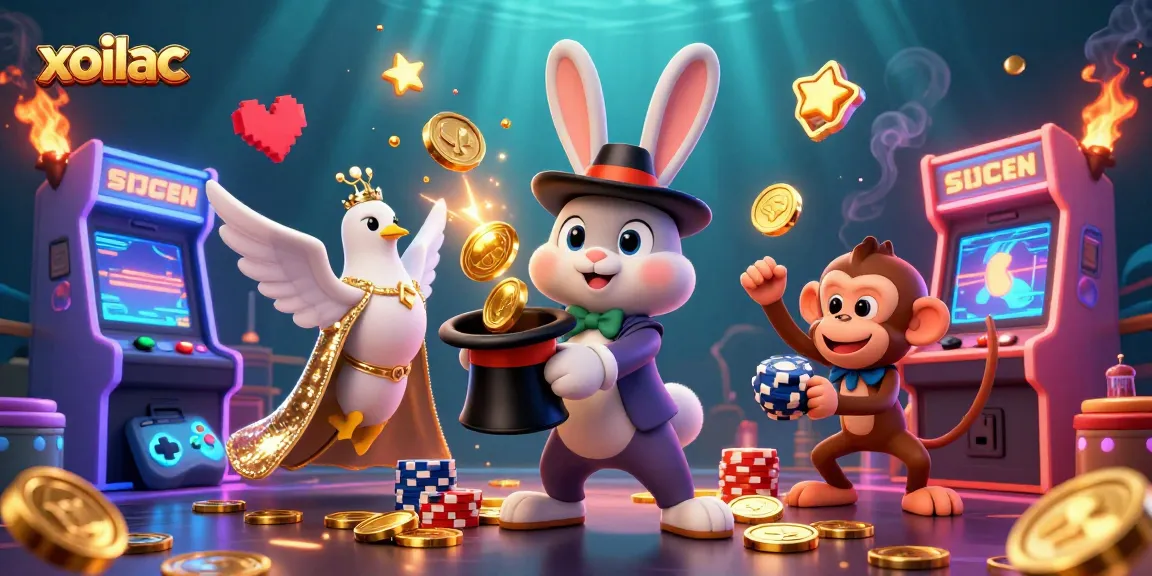 Experience immersive gambling with xoilac as a magician rabbit conjures golden coins amidst vibrant casino elements.