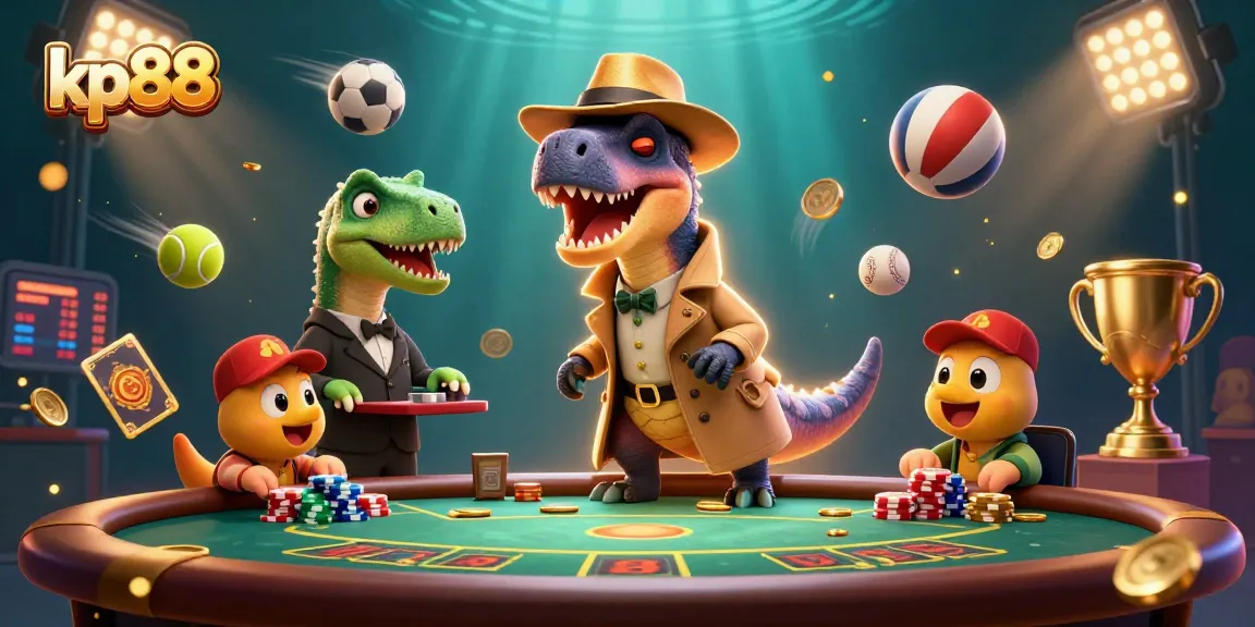 Bet on thrilling games at kp88 with a cartoon velociraptor and stegosaurus alongside dynamic sports elements.