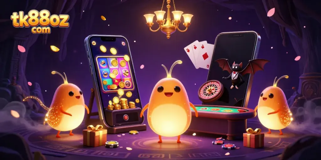 Experience the excitement of tk88oz com with glowworms illuminating a cave casino, showcasing vibrant slot games and lucky elements.