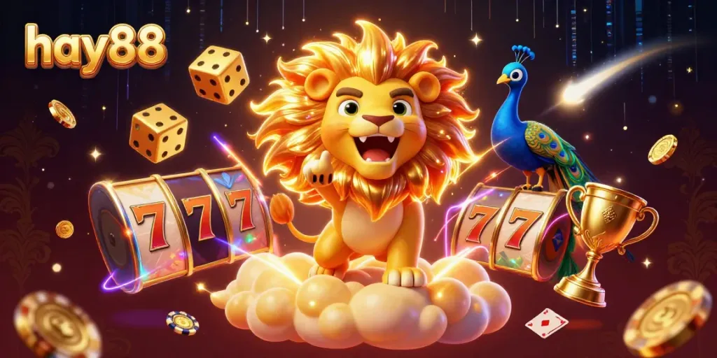 Experience the thrill of hay88 with a dynamic casino scene featuring vibrant 3D characters and elements.
