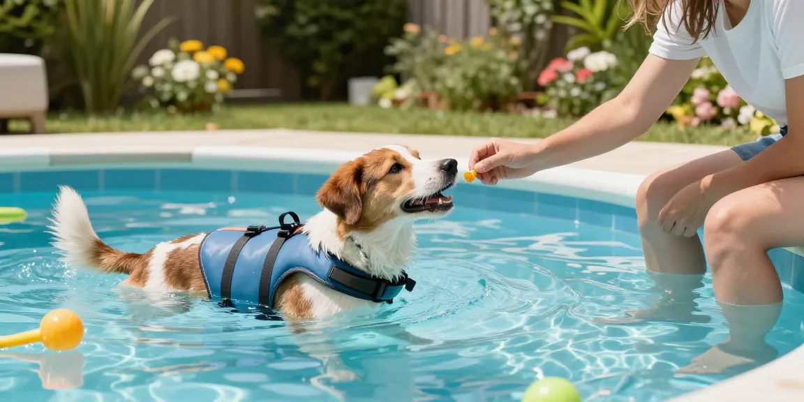 How to teach your dog to swim in a safe private pool with encouraging owner and colorful toys.