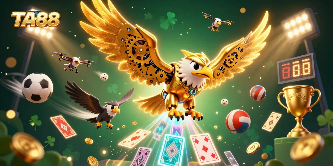 TA88 showcases thrilling online betting with a dynamic illustration of a cybernetic eagle and sports elements.