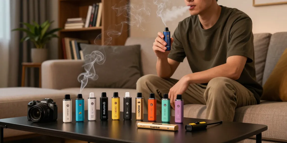 Enjoying top disposable vapes in USA, individual relaxing with popular vape brands in a cozy living room.