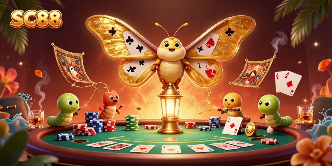 Engage with the thrilling SC88 casino experience featuring a regal moth and vibrant poker elements.