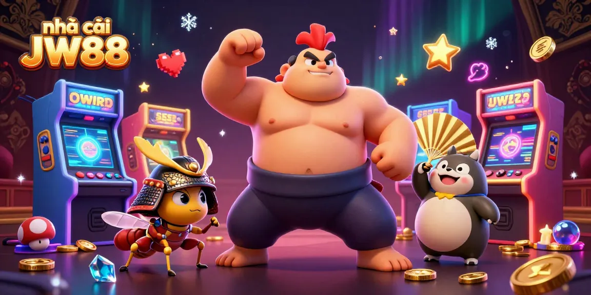 Engage with exciting games at nhà cái JW88 featuring vibrant 3D characters surrounded by casino elements.