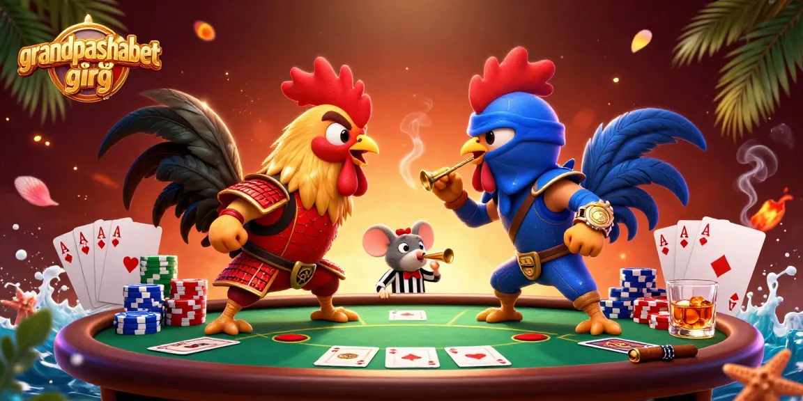 Grandpashabet giriş as fighting roosters clash while playing poker with vibrant casino elements.