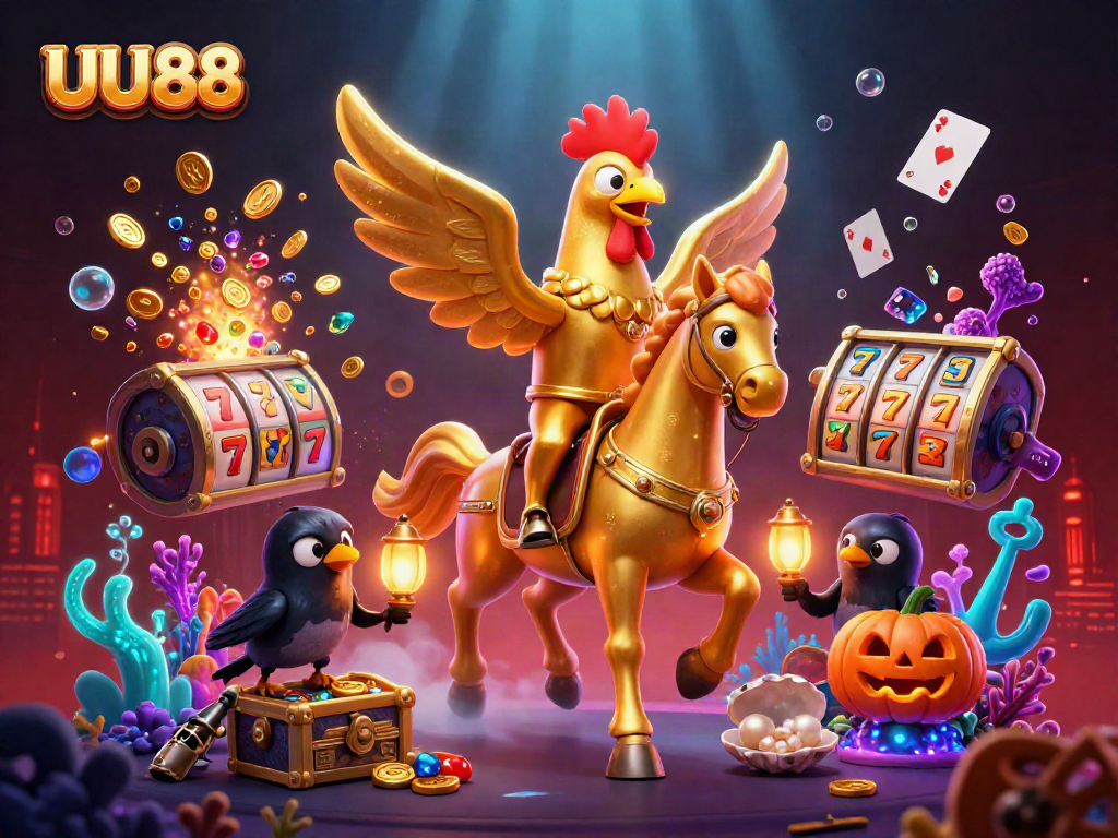 Experience the dynamic UU88 casino adventure featuring a golden rooster riding a spectral horse among gold coins and slot reels.