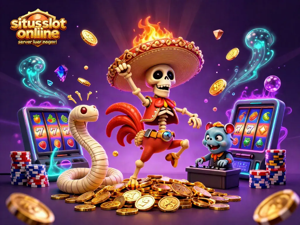 Engaging promovational scene featuring situs slot online server luar negeri with dynamic slot machine elements and whimsical characters.