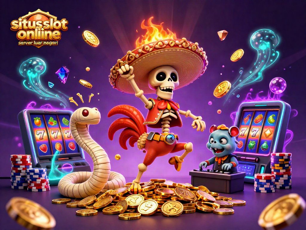 Engaging promovational scene featuring situs slot online server luar negeri with dynamic slot machine elements and whimsical characters.