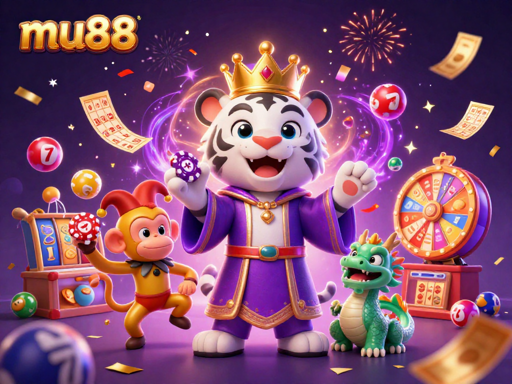 Experience mu88's vibrant casino scene with an elegant tiger, jester monkey, and jade dragon in a lively and colorful atmosphere.