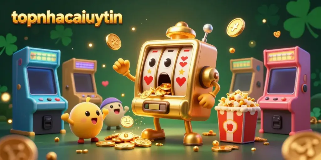 Experience the thrill of winning at topnhacaiuytin with a vibrant scene of a golden slot machine hitting a jackpot amidst cheerful companions and arcade games.