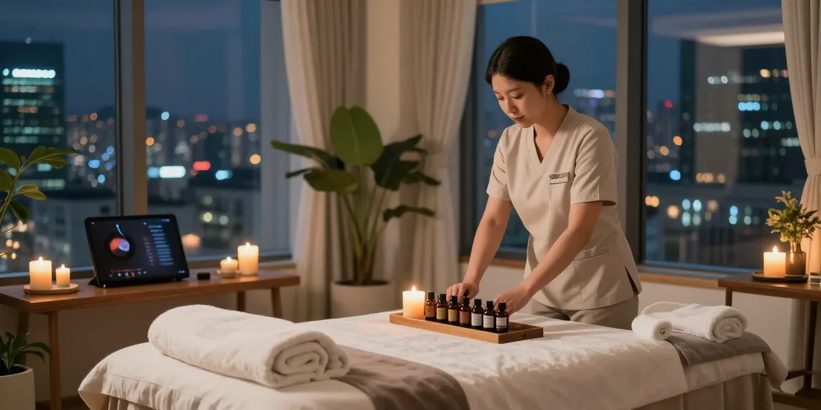 Professional 서울출장안마 massage setup with essential oils and tranquil ambiance in a luxurious setting.