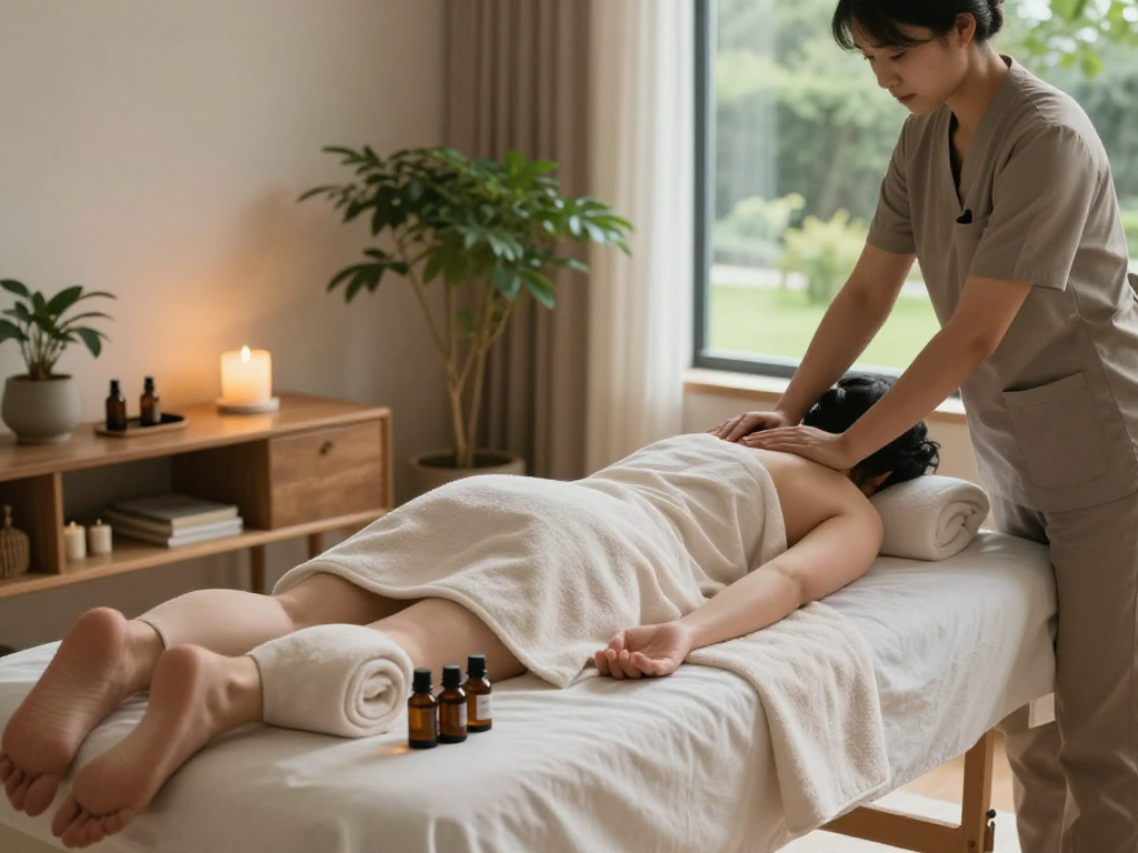 A calming home spa scene showcasing a relaxing 출장마사지 with aromatic oils and tranquil atmosphere.
