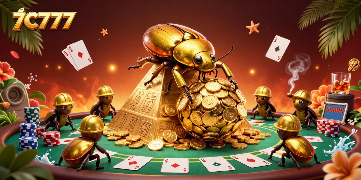 Engage in the vibrant 7C777 casino scene featuring beetles and poker elements.