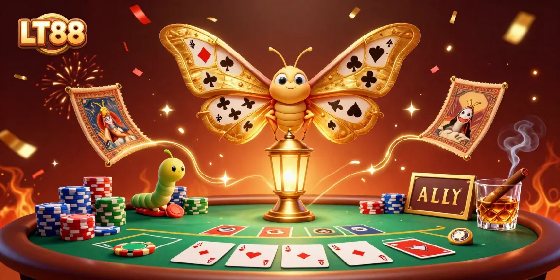Experience winning strategies at LT88, with vibrant poker chips and cards, and a dynamic casino atmosphere.