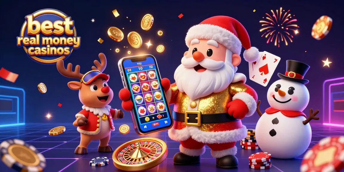 Experience the excitement at the best real money casinos with a festive 3D casino scene featuring Santa and friends.