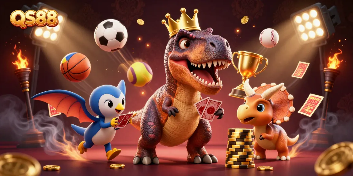 QS88 offers an exciting experience with T-Rex shuffling cards, while the pterodactyl assists in a vibrant casino setting.