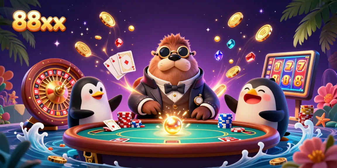Engage in thrilling 88xx gambling with a walrus at the poker table, dazzling coins, and a penguin dealer.