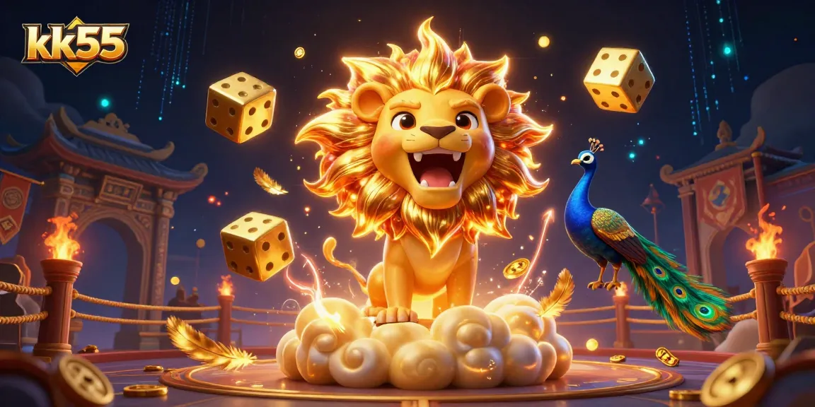 Experience thrilling games at kk55 with a roaring lion, golden dice, and vibrant casino elements.