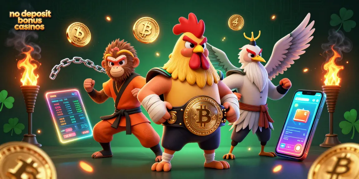 No deposit bonus casinos showcase vibrant characters and cryptocurrency elements in an energetic scene.