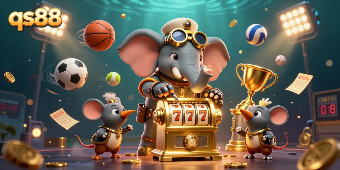 Engage in thrilling slots at qs88 with a steampunk elephant operating a golden slot machine.